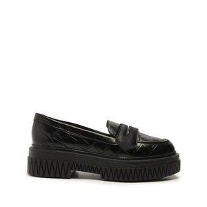 Schutz Viola Crocodile-Embossed Leather Flat, Black, Loafers